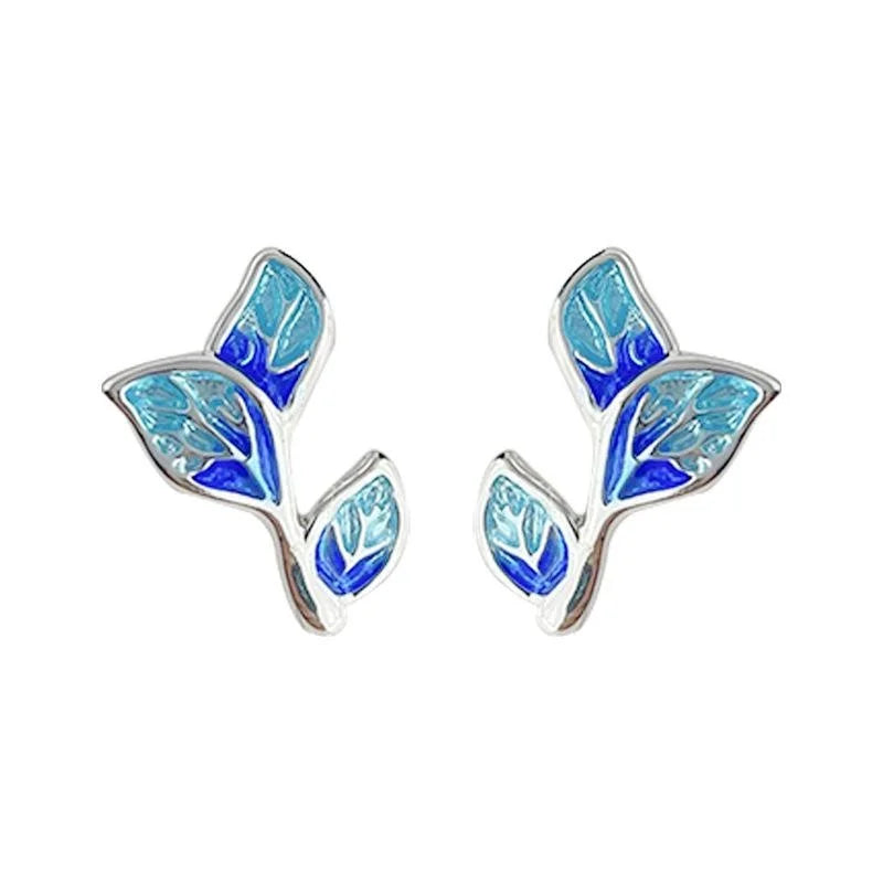 Copper Leaf Stud Earrings For Women, Simple New Chinese Cloisonne Color Commuter Jewelry