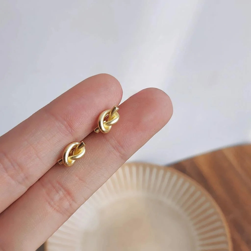 14K Gold Plated Copper Knot Stud Earrings For Women Minimalist Mini Geometric Korean Style