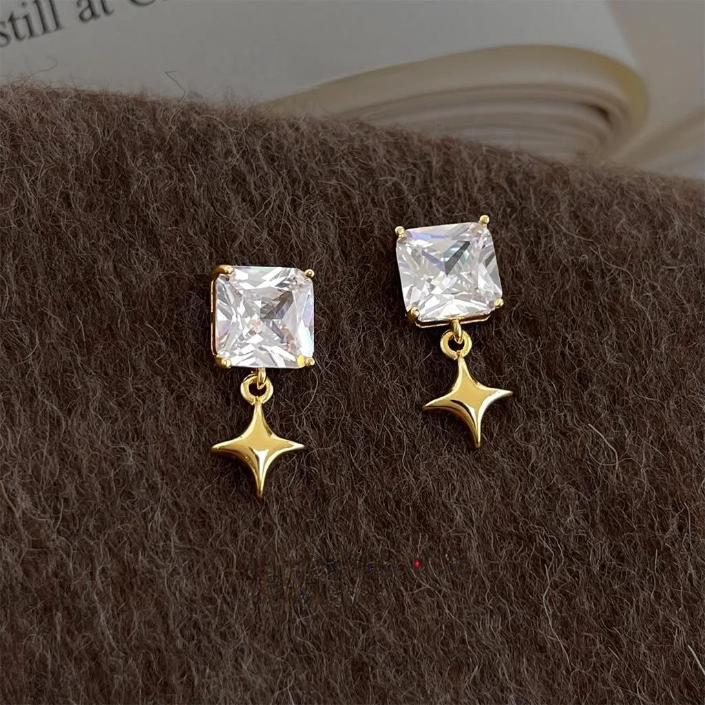 Luxury Copper Zircon Star Geometric Square Stud Earrings, Fashion Yiwu Jewelry