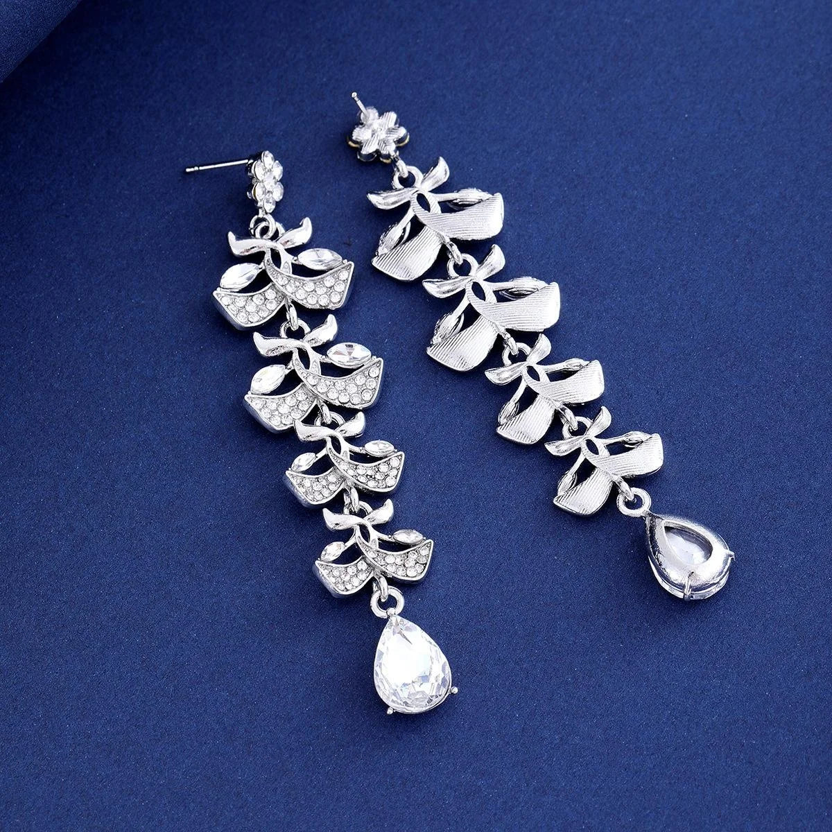 Luxury Rhinestone Leaf Tassel Earrings With Blue Teardrop Crystal, Elegant Long Dangle For Wedding Party