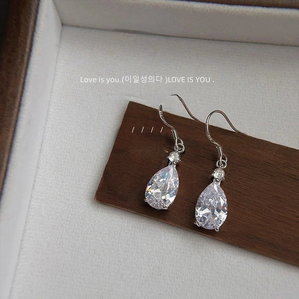 Light Luxury Teardrop Zircon Copper Drop Earrings Minimalist Long Evening Jewelry