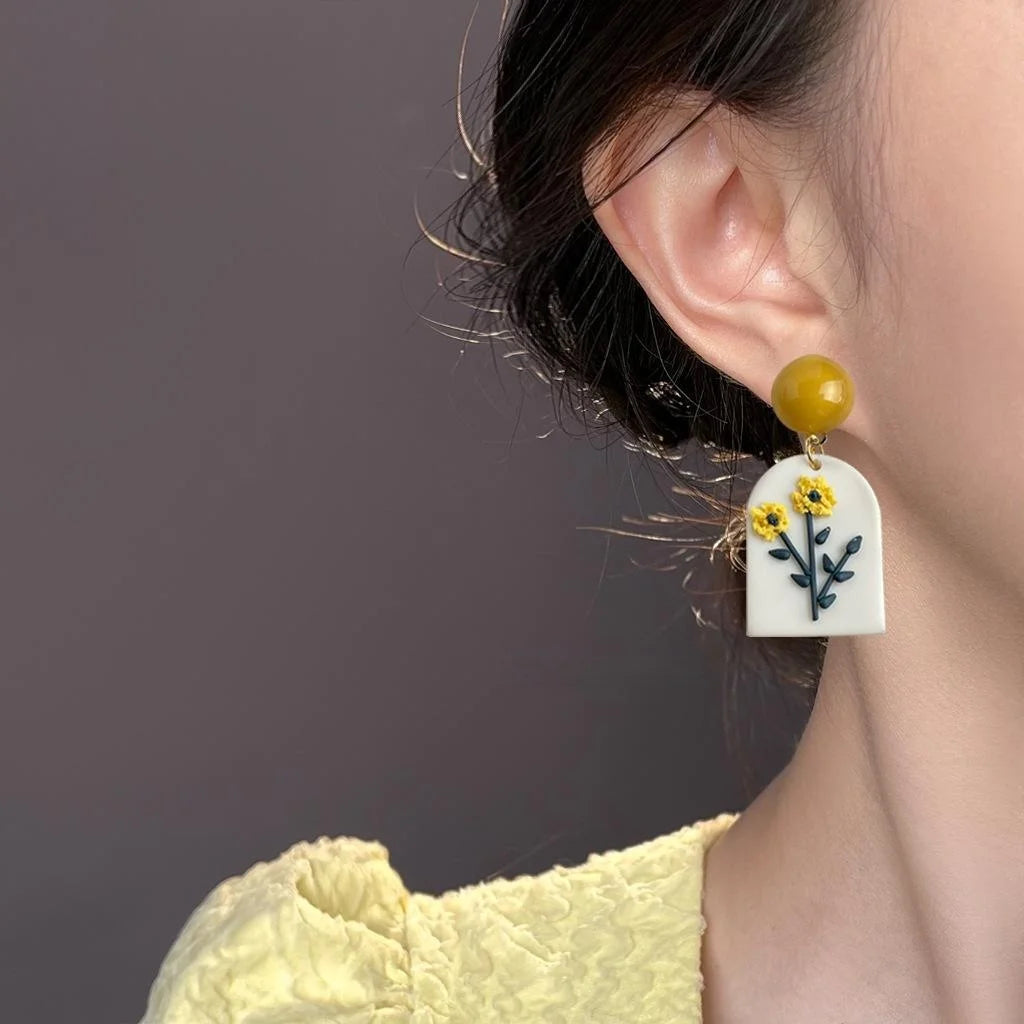 Summer Sweet Handmade Polymer Clay Rose Sunflower Floral Drop Earrings For Women