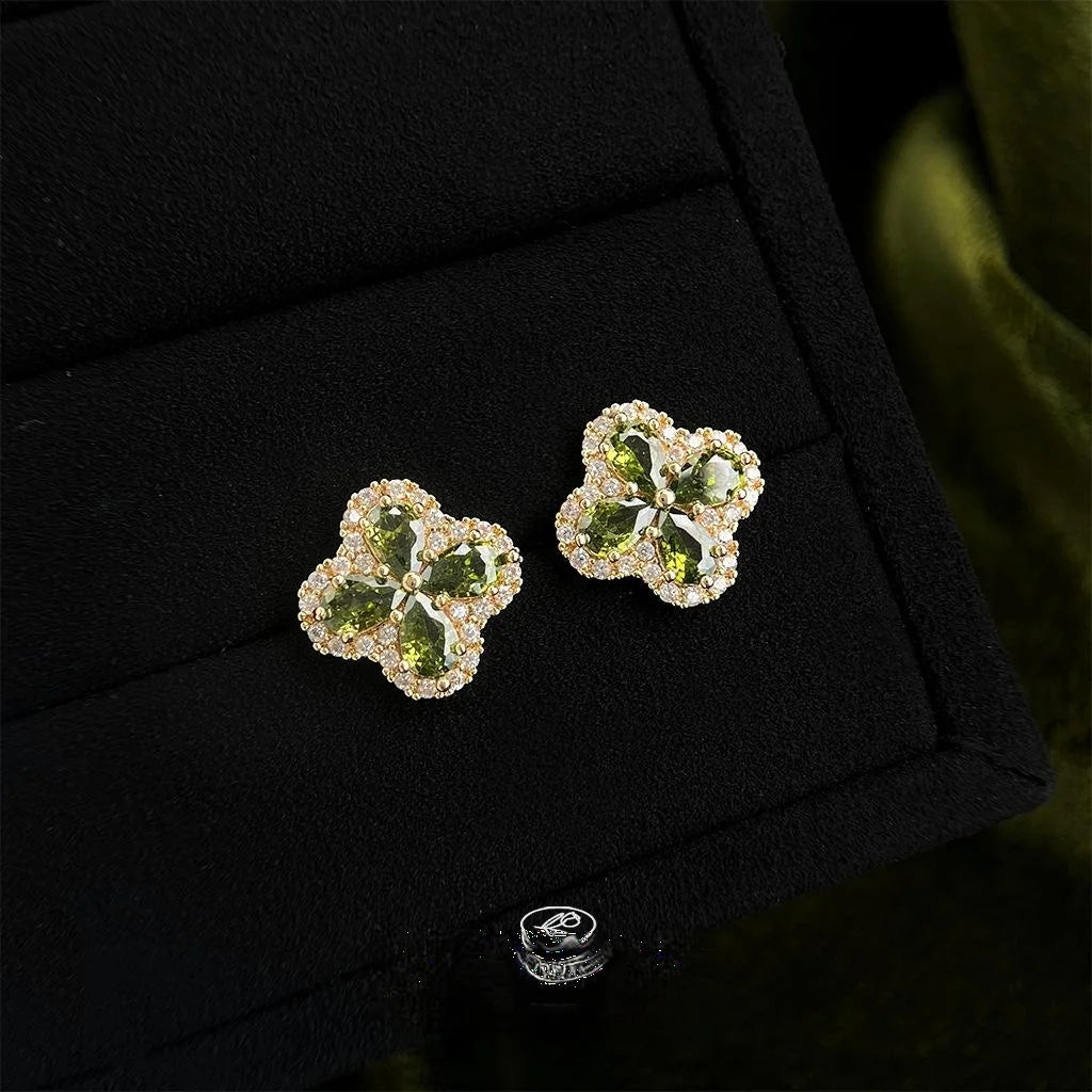 Luxury Micro Pave Zircon Olive Green Flower Petal Silver Plated Stud Earrings For Daily Wear