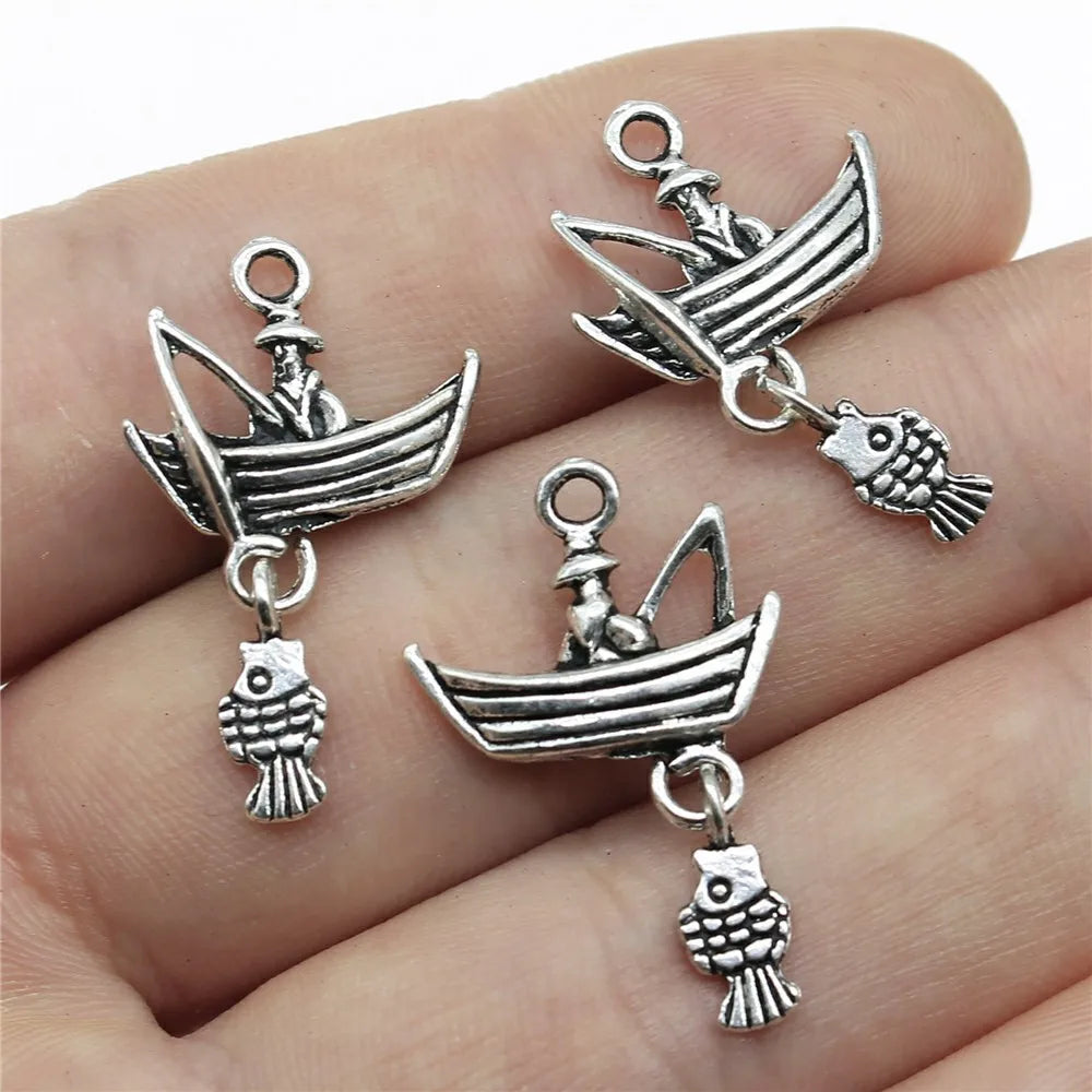 29x18mm 1.6g Antique Silver Zinc Alloy Fishing Boat Fish Charm Pendant for DIY Ocean Jewelry Making