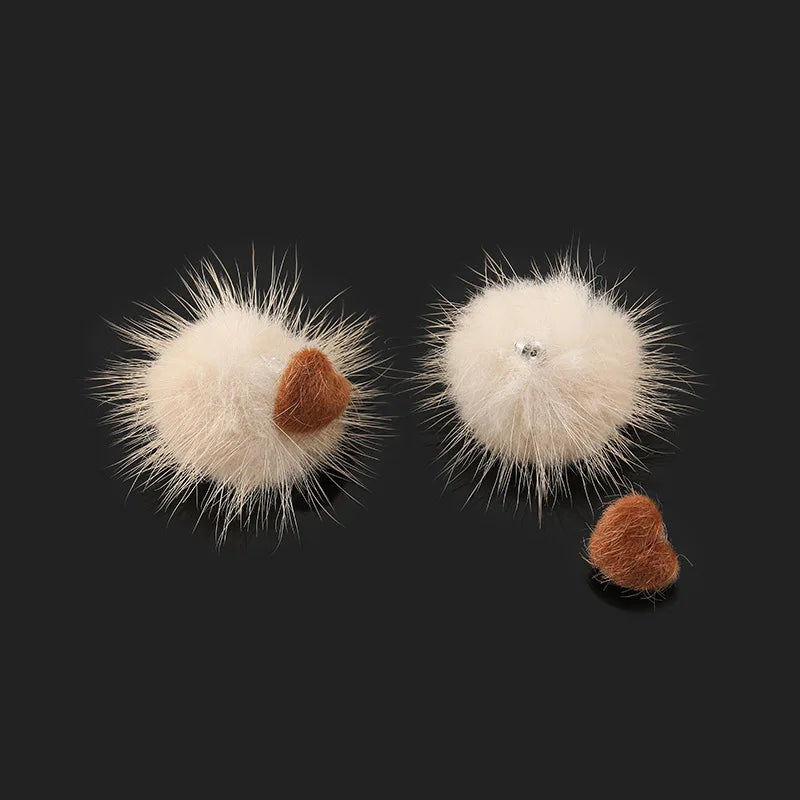 Elegant Soft Plush Heart And Mink Fur Ball Stud & Clip On No Piercing Winter Dangle Earrings