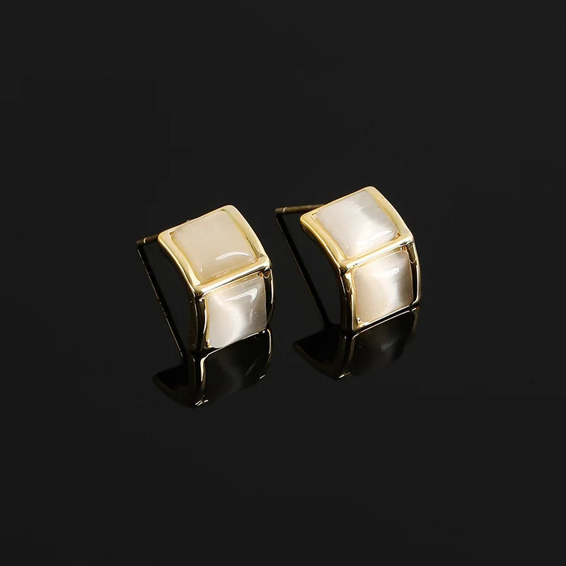 Elegant Curved Square Cat Eye Stone Alloy Stud & Clip On No Piercing French Commuter Earrings