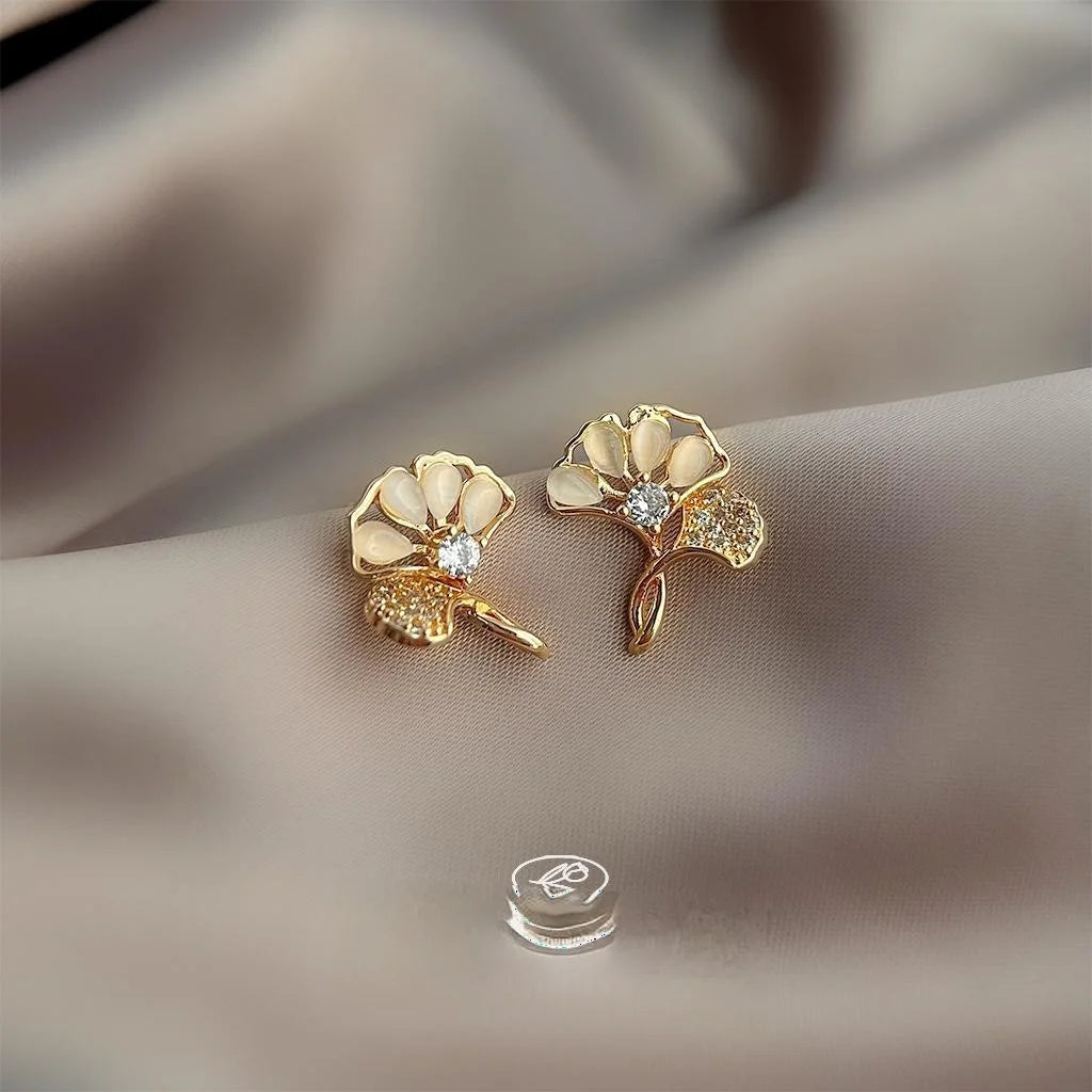 14K Plated Copper Ginkgo Leaf Stud Earrings With Glass Cat Eye Stone And Zircon, Light Luxury Jewelry