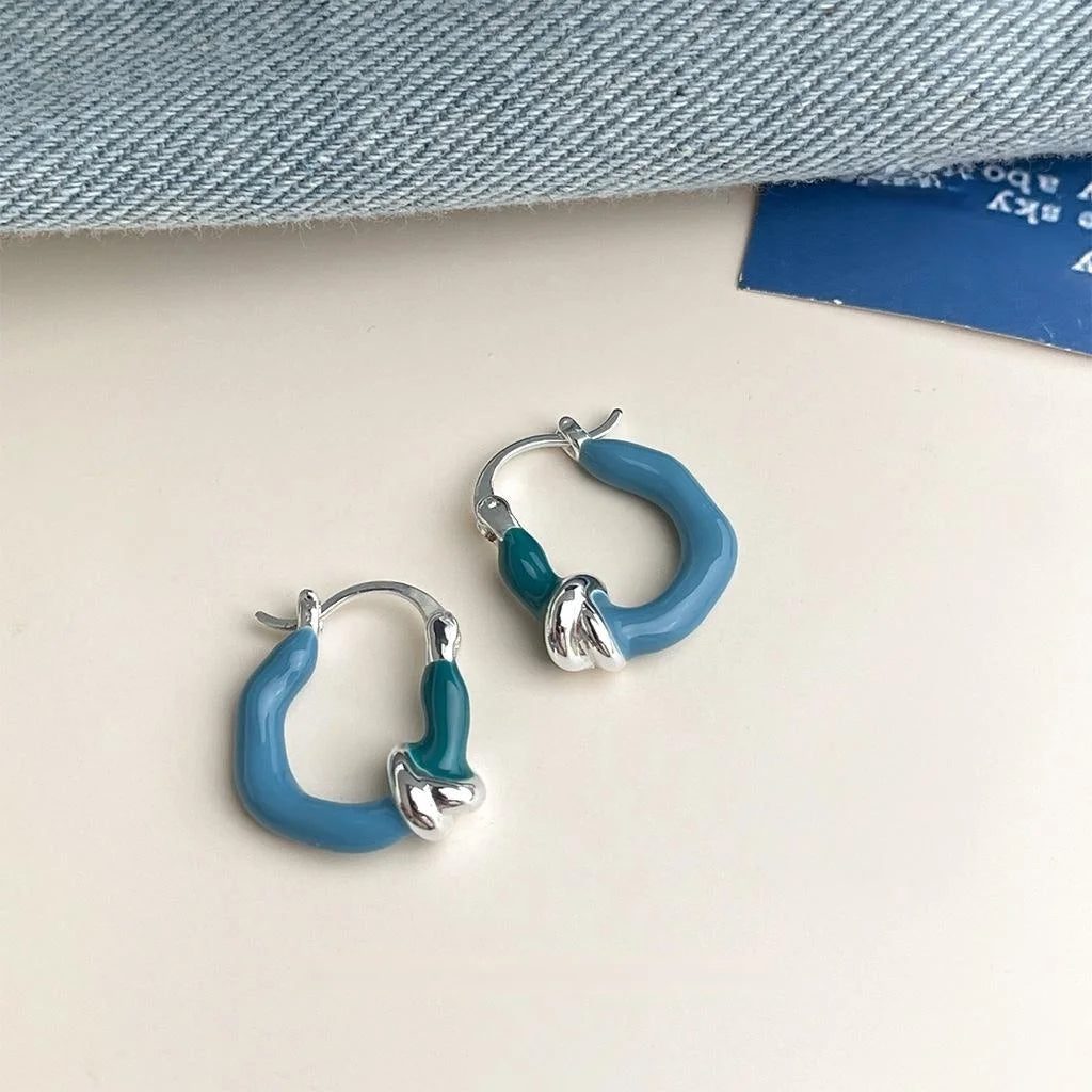Sweet Copper Enamel Gradient Blue Pink Geometric Knot Drop Earrings For Elegant Office Wear