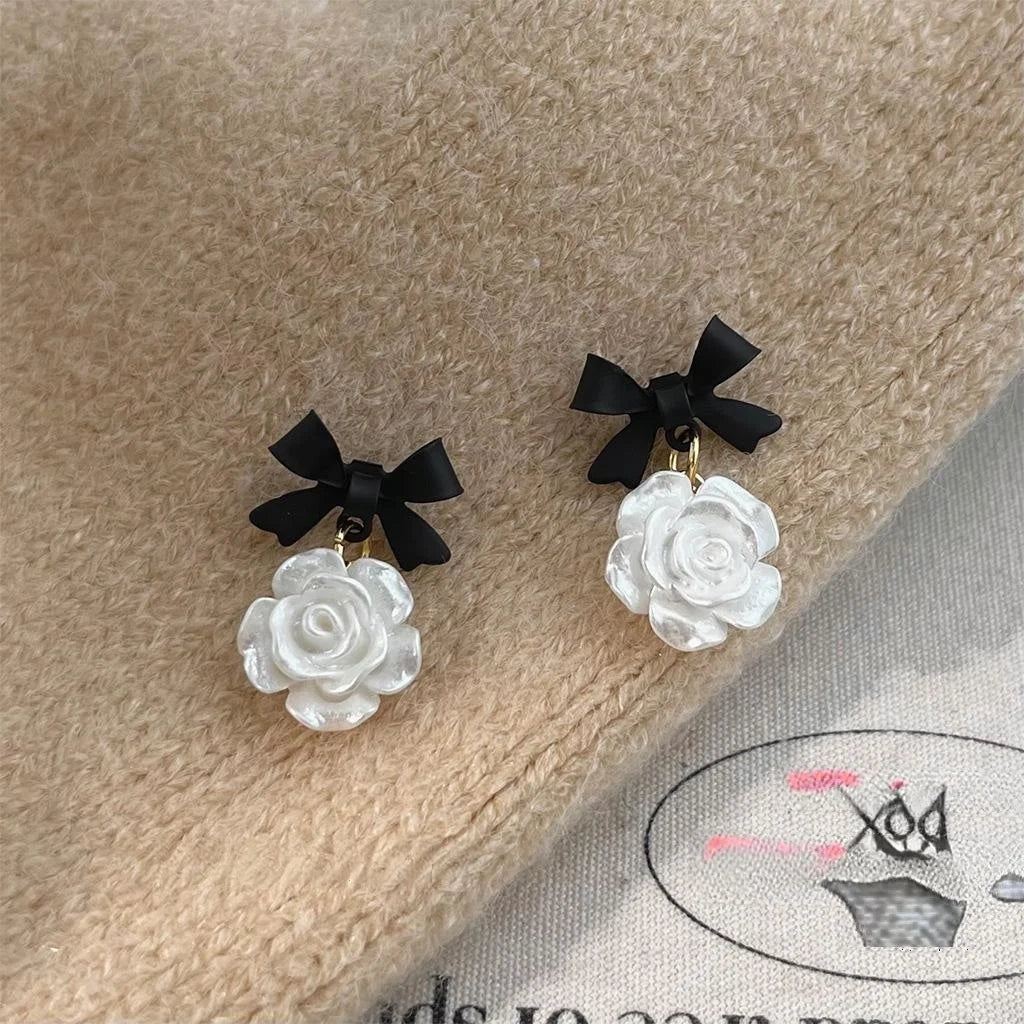 Resin Flower Bow Stud Earrings With Silver Plated Pins, Korean Japanese Statement Jewelry