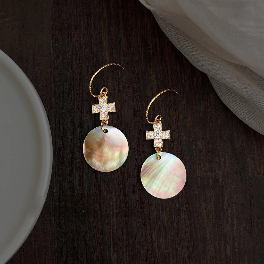 French Vintage Copper Natural Shell Micro Pave Zircon Geometric Round Drop Earrings