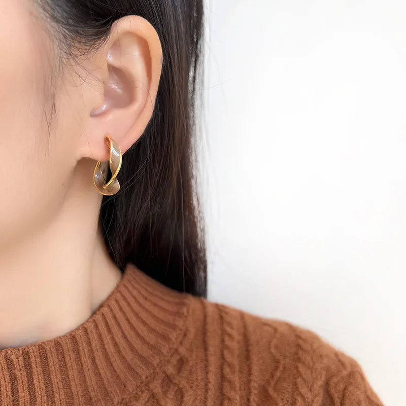 Vintage Brown Enamel Twisted Hoop Alloy Stud & Clip On No Piercing French Elegant Statement Earrings