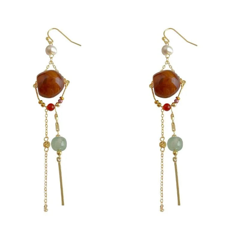 Maillard Style Copper Red Agate Aventurine Geometric Tassel Drop Earrings For Women