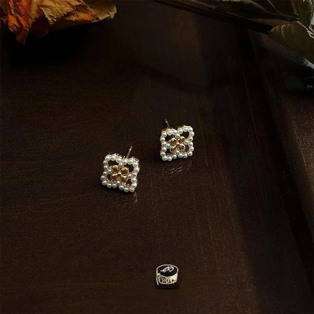 14K Plated Copper Pearl Flower Geometric Stud Earrings Minimalist Commuter Jewelry