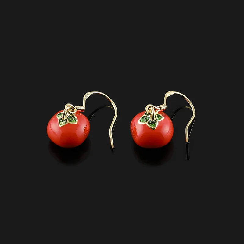 Vintage Chinese Persimmon Fruit Enamel Alloy Dangle Hoop Stud & Clip On No Piercing Earrings