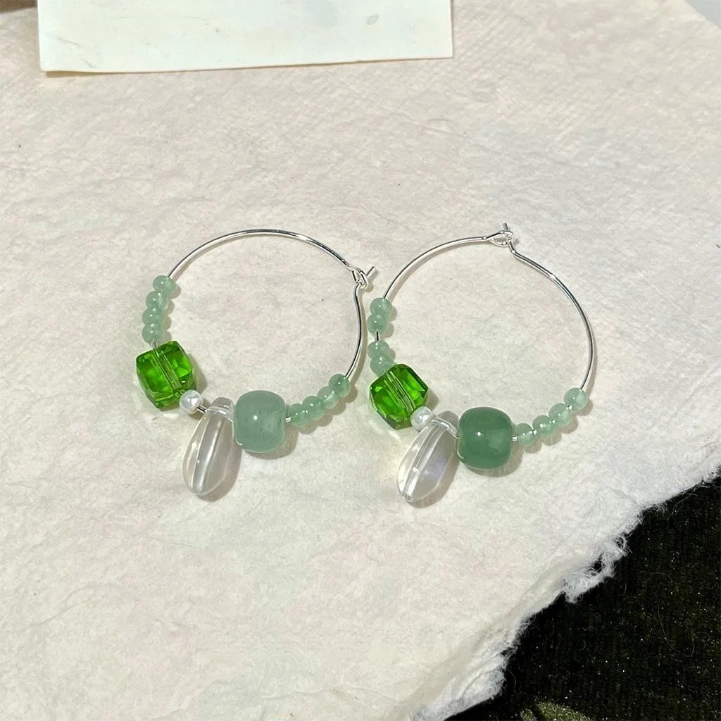 Forest Fairy Green Aventurine Glass Crystal Round Geometric Drop Earrings