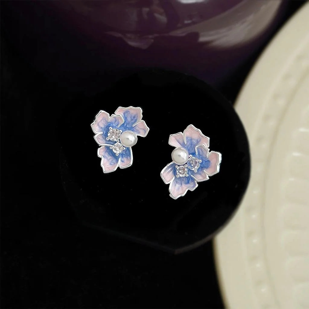 Luxury Iris Flower Stud Earrings, Silver Plated Copper Zircon Enamel Pearl Floral Jewelry
