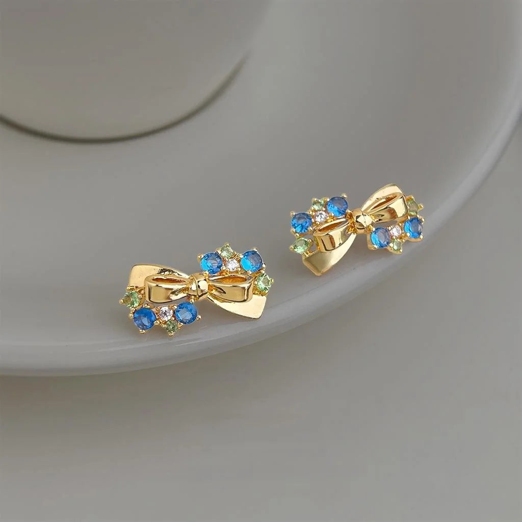 Fashion Aquamarine Zircon Bow Stud Earrings Copper Geometric Jewelry