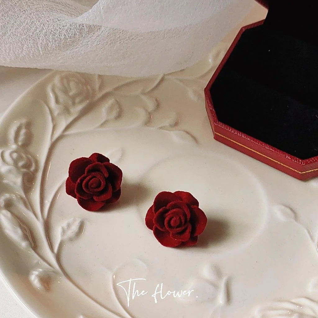 French Vintage Burgundy Flocked Resin Rose Flower Stud Earrings With Silver Plated Pins