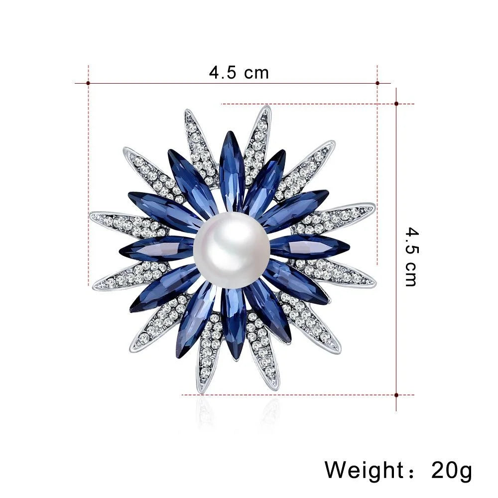 Elegant Sunflower Flower Brooch With Blue Crystal Petals, Pearl Center And Rhinestone Alloy Lapel Pin Gift