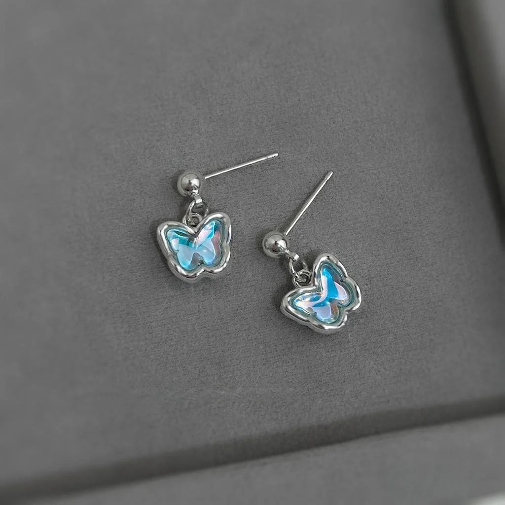 Gradient Blue Butterfly Drop Earrings Copper Silver-Plated Pin Sweet Summer Fairy Style Jewelry