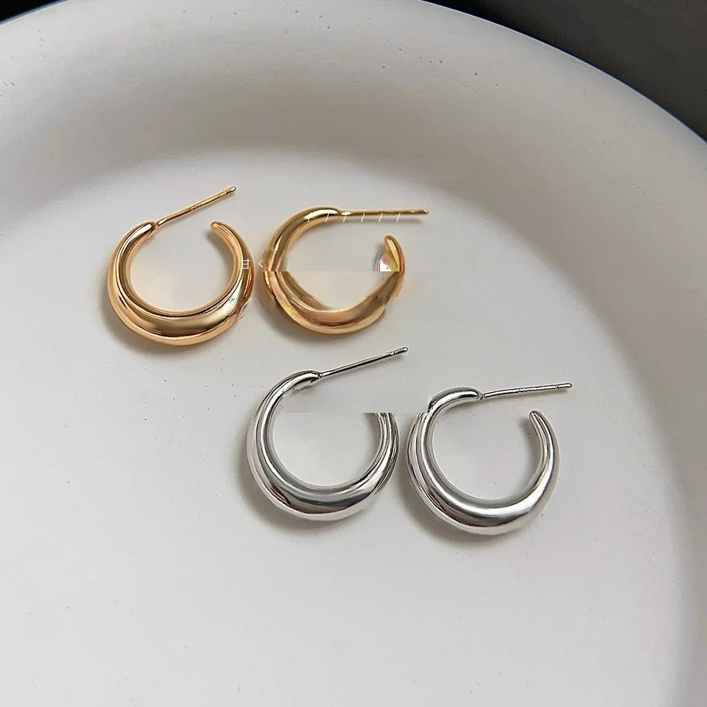 14K Gold Plated Copper Smooth Round Hoop Drop Earrings Minimalist Geometric Light Luxury Jewelry