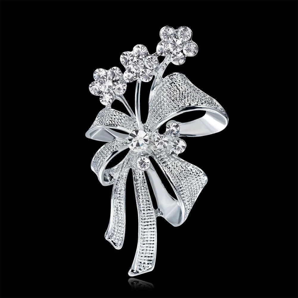 Elegant Silver Alloy Hollow Bow Brooch With Rhinestone Flowers, Women's Lapel Pin Corsage Gift
