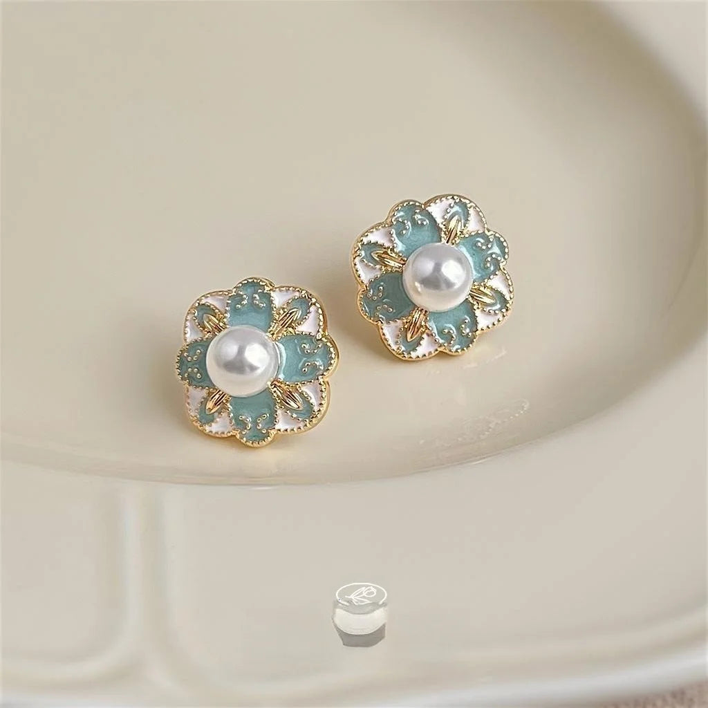 New Chinese Style Blue Enamel Geometric Floral Copper Stud Earrings