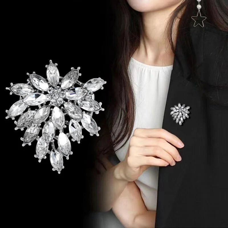 Luxury Firework Flower Rhinestone Brooch In Silver Alloy, Elegant Women's Lapel Pin Suit Accessory