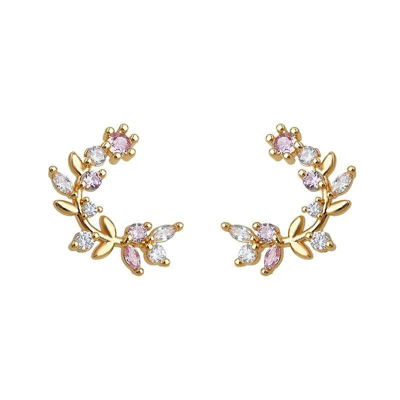 Fresh Sweet Micro Pave Zircon 14K Plated Copper Leaf Wreath Stud Earrings