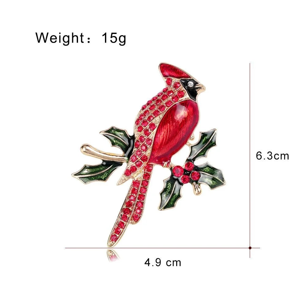 Luxury Red Cardinal Bird On Holly Branch Enamel Rhinestone Brooch, Elegant Lapel Pin Corsage Gift