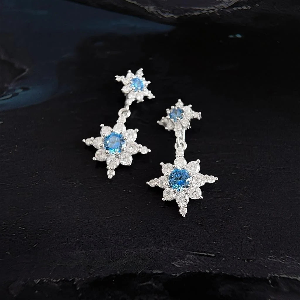 Aquamarine Blue Copper Micro Pave Zircon Eight Point Star Drop Earrings