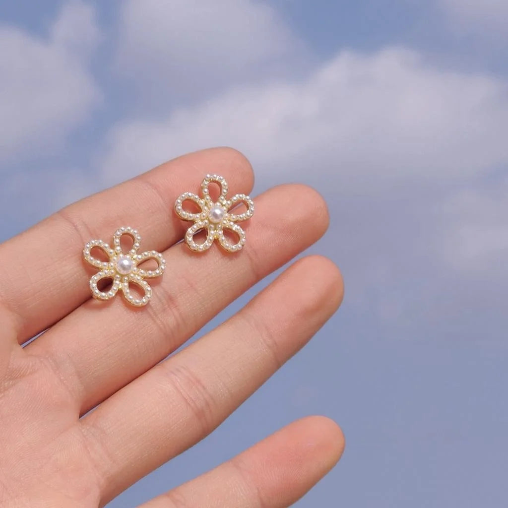 14K Gold Plated Alloy Small Flower Pearl Stud Earrings For Women