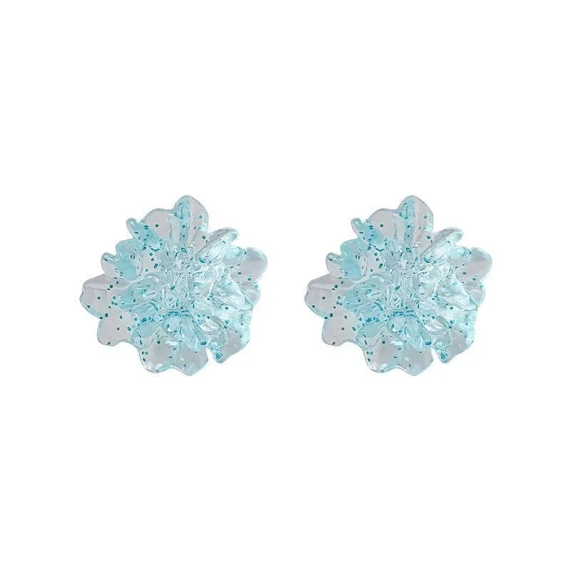 Elegant Ice Blue Resin Flower Stud Earrings With Silver Plated Pins Forest Style Sweet Jewelry