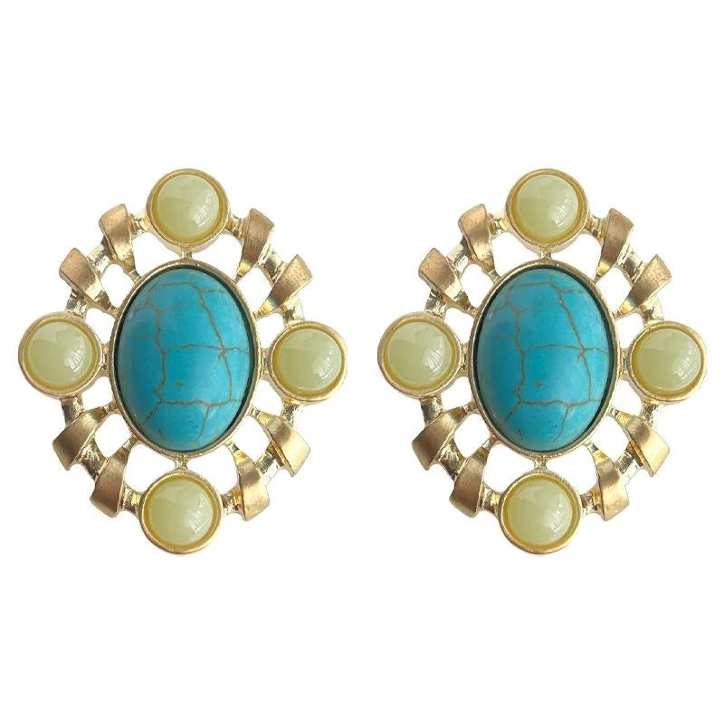 Vintage Synthetic Turquoise Resin Oval Hollow Geometric Drop Earrings