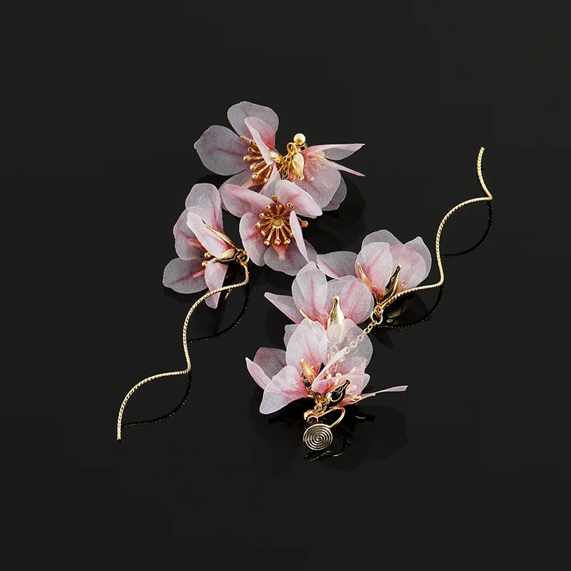 Elegant Pink Flower Alloy Tassel Stud & Clip On No Piercing Luxury Fairy Statement Drop Earrings