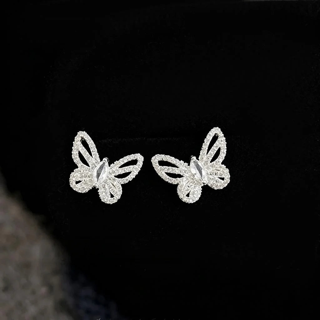 Full Zircon Sparkly Butterfly Stud Earrings Light Luxury Copper Silver Plated Ear Jewelry