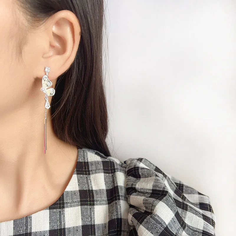 Elegant Ink Butterfly Alloy Crystal Long Tassel Stud & Clip On No Piercing Earrings