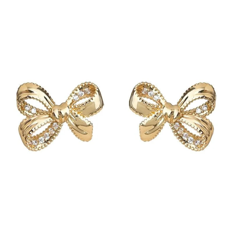 Light Luxury Copper Bow Knot Ribbon Micro Pave Zircon Silver Plated Stud Earrings