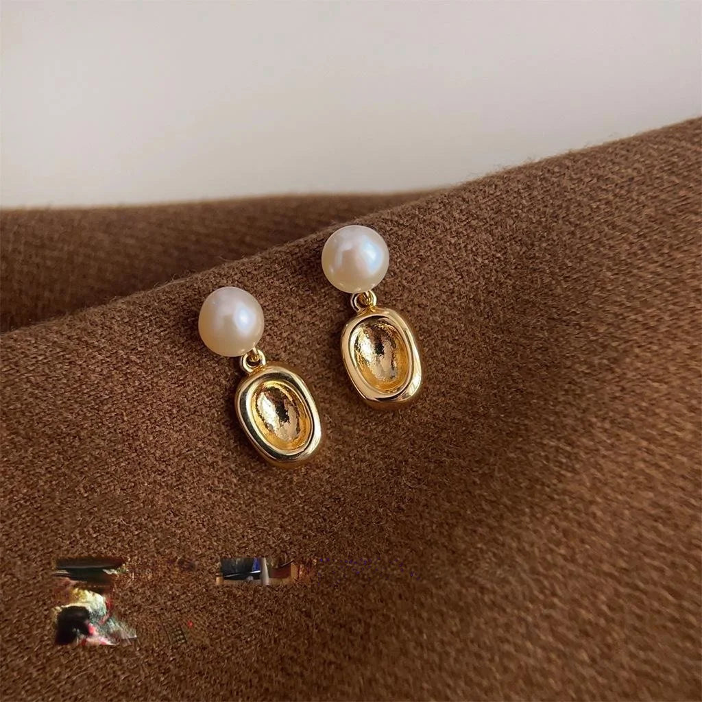 Freshwater Pearl Geometric Oval Drop Earrings, 14K Plated Minimalist Copper Jewelry