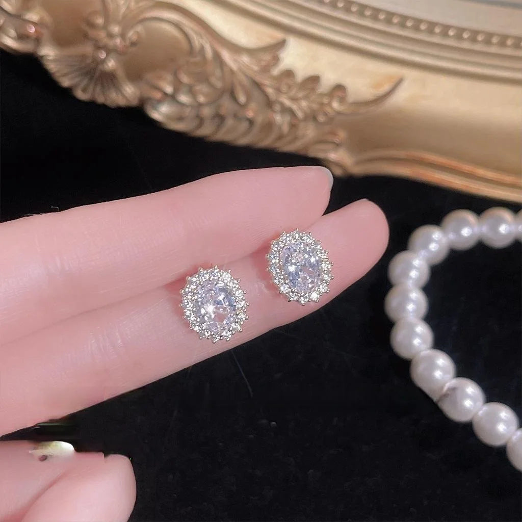 French Style Luxury Micro Pave Zircon Oval Copper 14K Plated Stud Earrings
