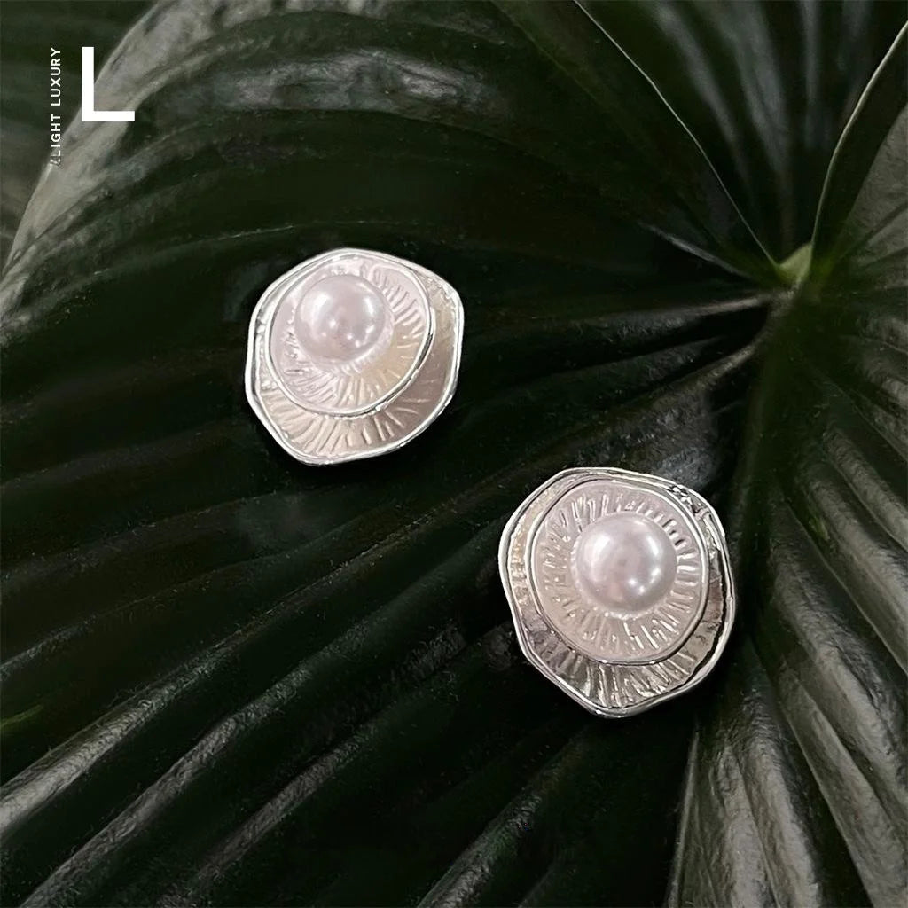 Designer Copper High Luster Pearl Double Layer Lotus Ruffle Round Drop Earrings Textured Minimalist Style