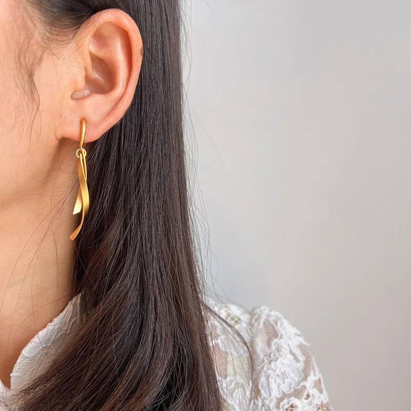 Elegant Matte Gold Alloy Cross Line Curved Bar Tassel Drop Stud & Clip On No Piercing Earrings