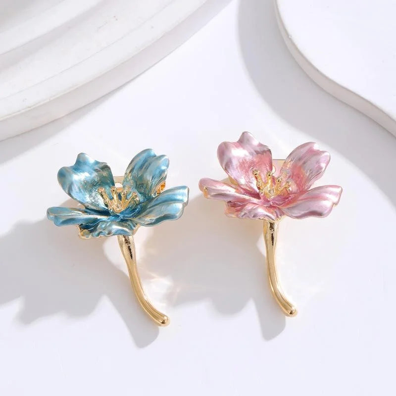 Elegant Pink Enamel Flower Brooch With Gold Alloy Stem, Floral Lapel Pin Corsage For Women Suit Gift