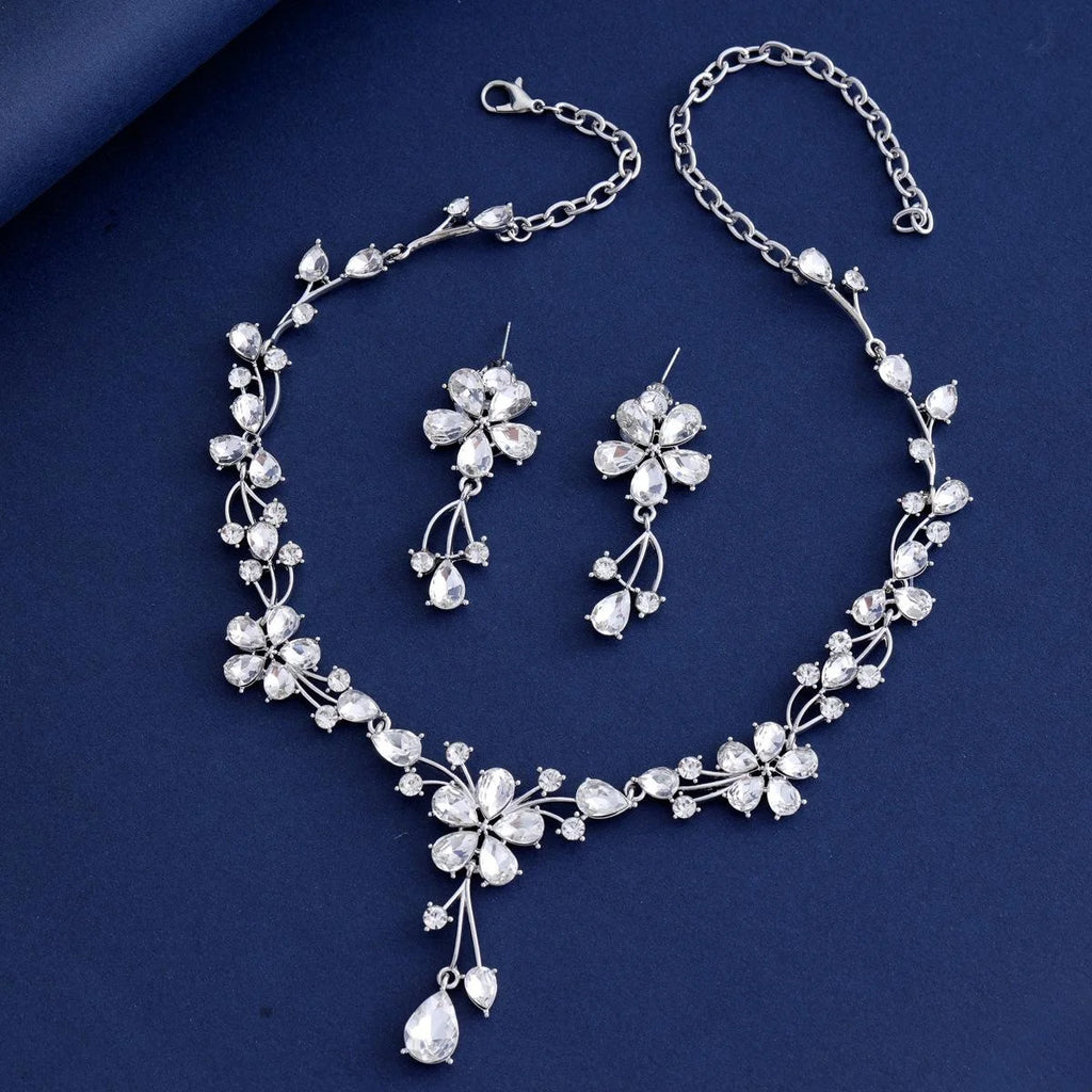 Elegant Bridal Crystal Rhinestone Flower Drop Earrings And Necklace Jewelry Set For Wedding Banquet Gift