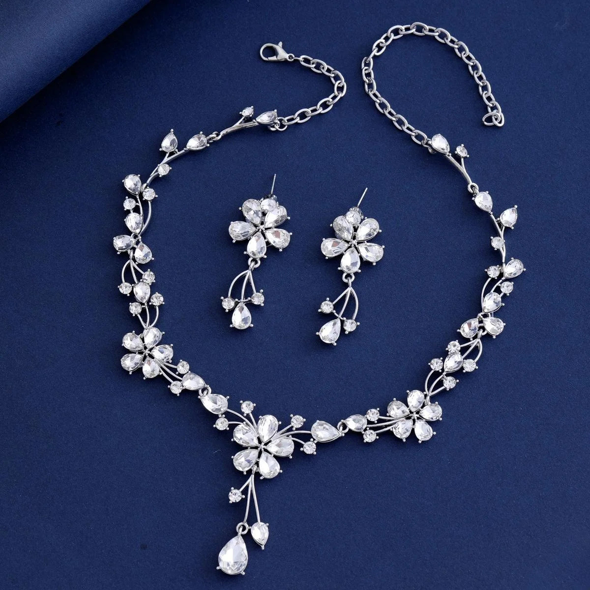 Elegant Bridal Crystal Rhinestone Flower Drop Earrings And Necklace Jewelry Set For Wedding Banquet Gift