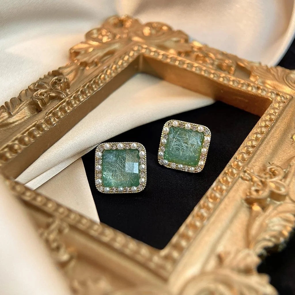 14K Plated Copper Geometric Starry Blue Pearl Zircon Stud Earrings For Women