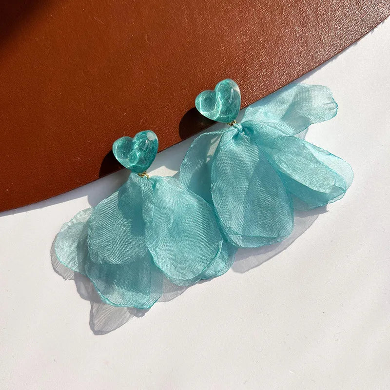 Blue Heart Chiffon Petal Lightweight Elegant Vacation Stud & Clip On No Piercing Flower Drop Earrings