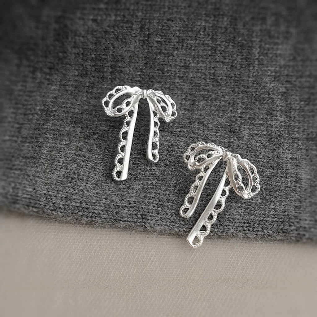 Sweet Lolita Lace Bow Copper Drop Earrings With Matte Silver Plated Pins