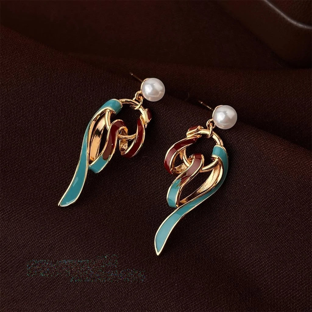 Dunhuang Inspired Ribbon Drop Earrings Handmade Painted Copper Enamel Drip Glaze Pearl Chic Jewelry