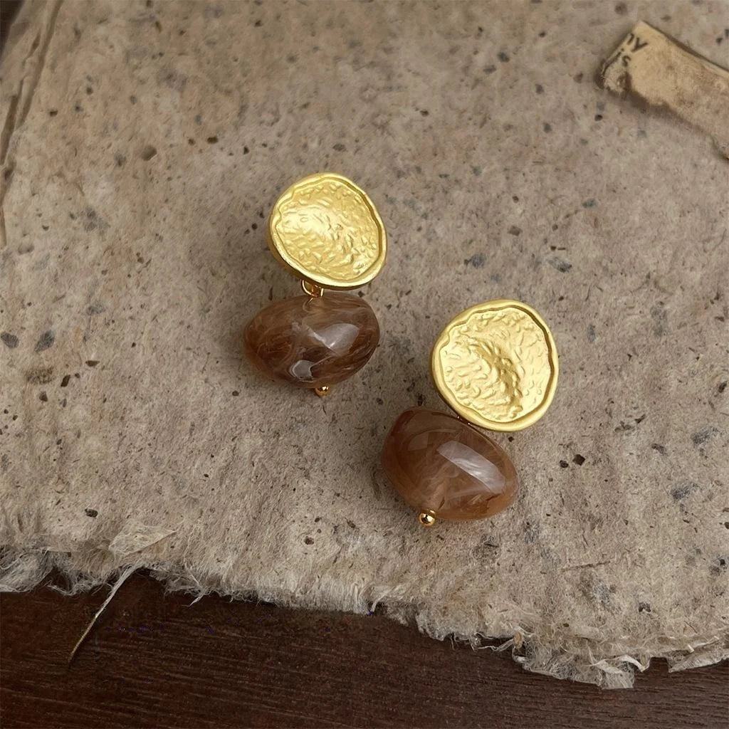 Vintage Hong Kong Style Irregular Geometric Copper Stud Earrings Hammered Brown Metal